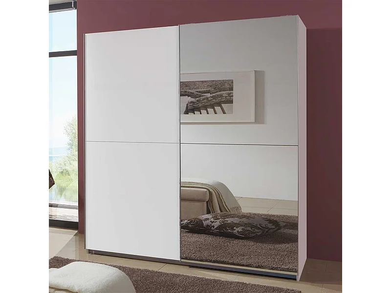 Schwebetürenschrank Weiß Spiegel in modernem Design 179 cm breit