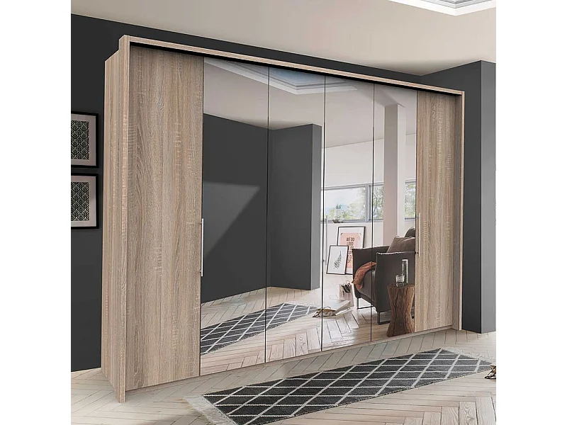 Spiegel Kleiderschrank mit drei Falttüren Eiche Sägerau