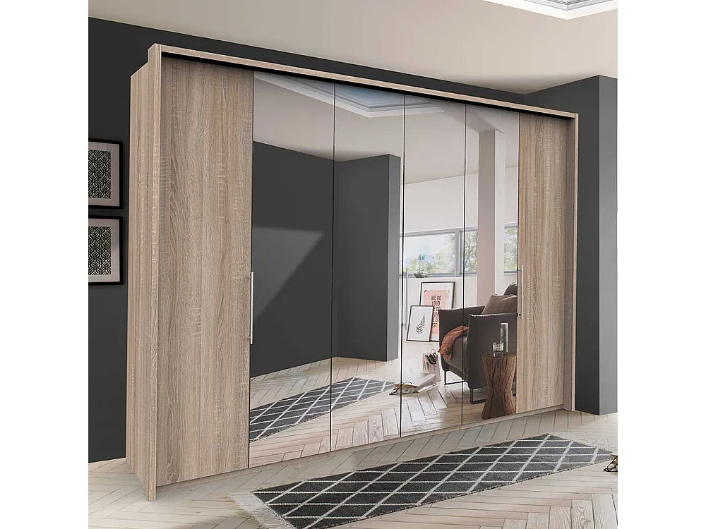 Spiegel Kleiderschrank mit drei Falttüren Eiche Sägerau