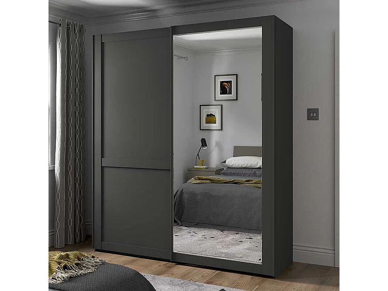 Gleittürenschrank Dunkelgrau mit Spiegel modernen Landhausstil