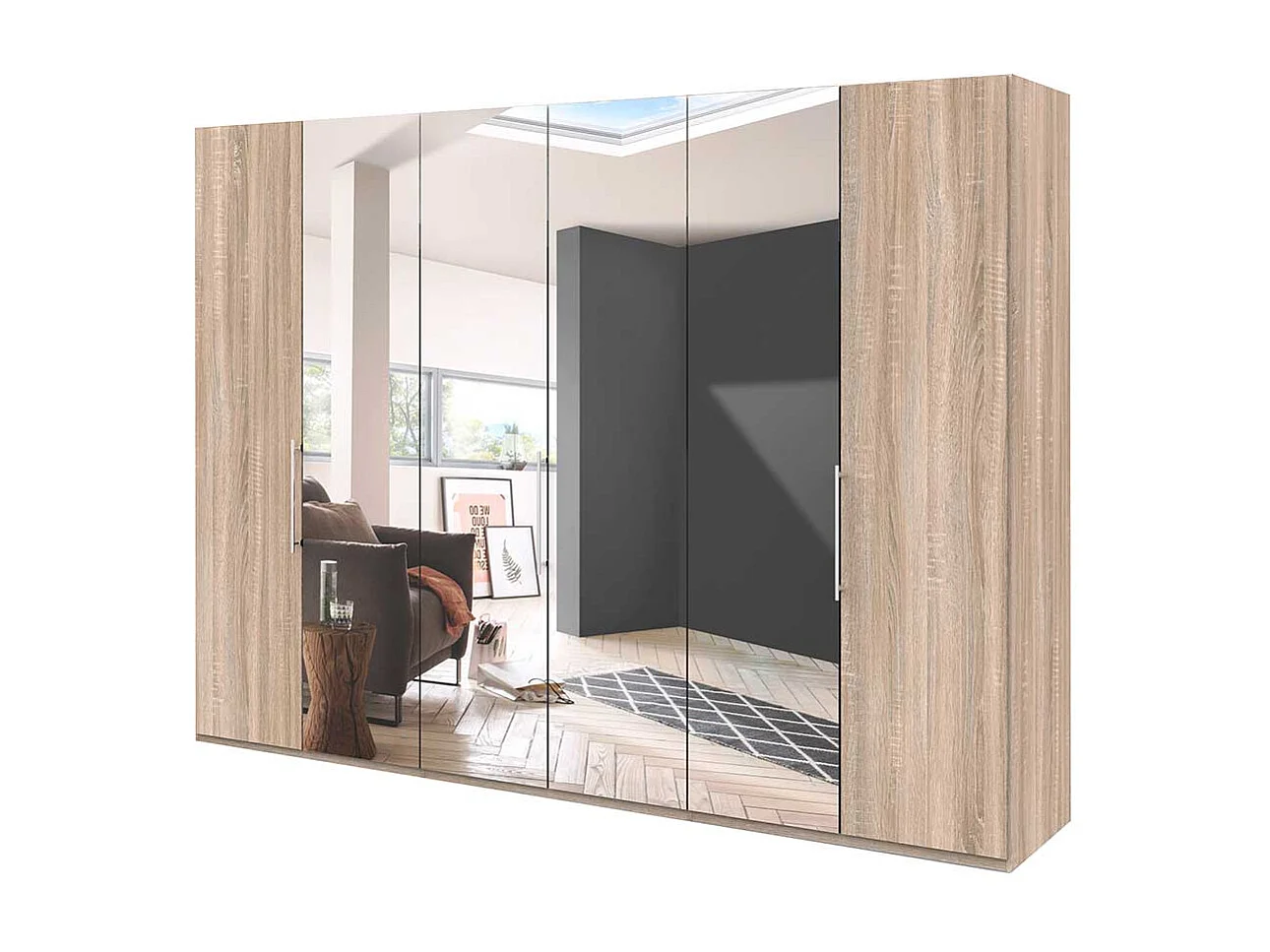 Spiegel Kleiderschrank mit drei Falttüren Eiche Sägerau