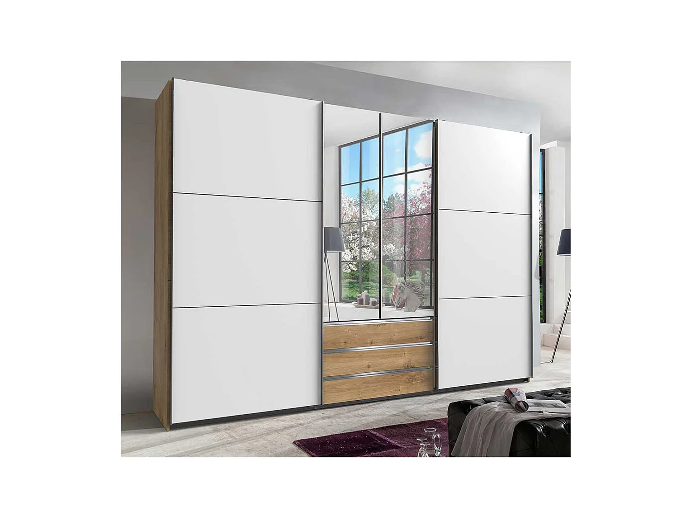 XL Kleiderschrank zweifarbig mit Spiegeltüren drei Schubladen