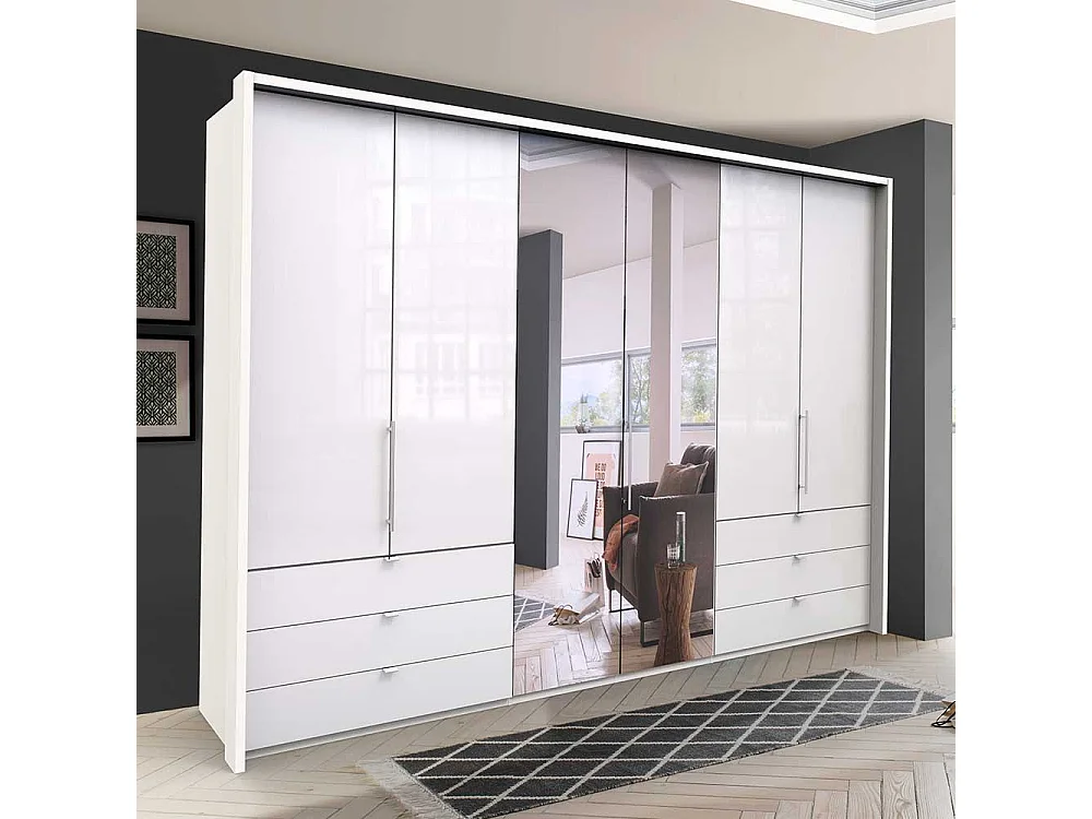 Panorama Kleiderschrank mit Falttüren und Schubladen Weiß