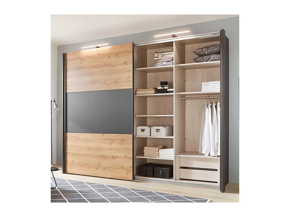 Schwebetüren Kleiderschrank in Eiche Bianco und Anthrazit Made in Germany