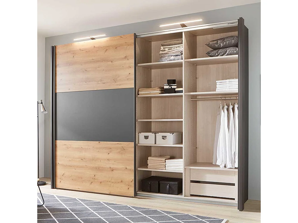 Schwebetüren Kleiderschrank in Eiche Bianco und Anthrazit Made in Germany