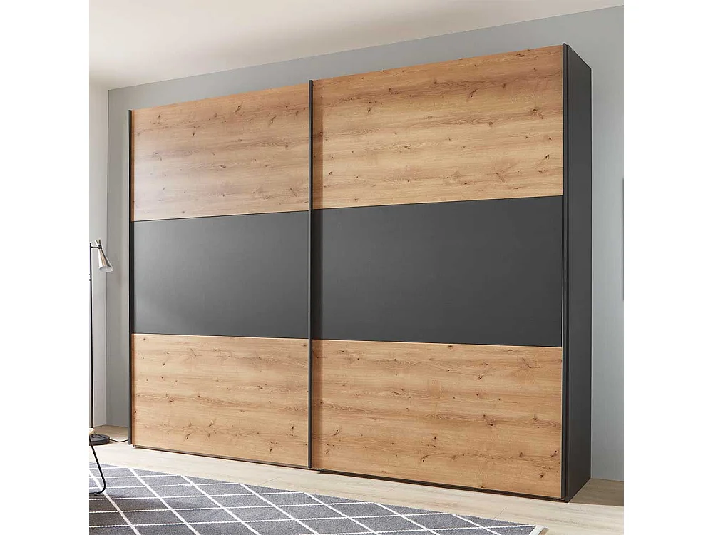 Schwebetüren Kleiderschrank in Eiche Bianco und Anthrazit Made in Germany