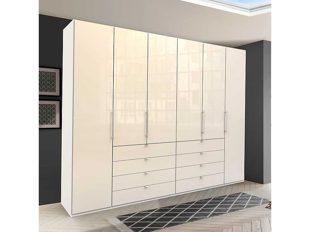Cremefarbener Schlafzimmerschrank 4 türig 8 Schubladen