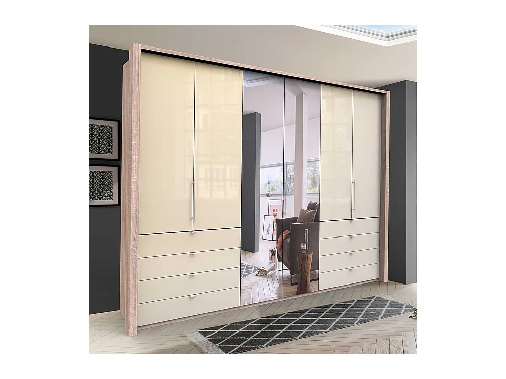 Panorama Kleiderschrank mit drei Falttüren Spiegel und Schubladen glasbeschichtet