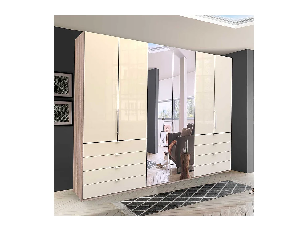 Panorama Kleiderschrank mit drei Falttüren Spiegel und Schubladen glasbeschichtet