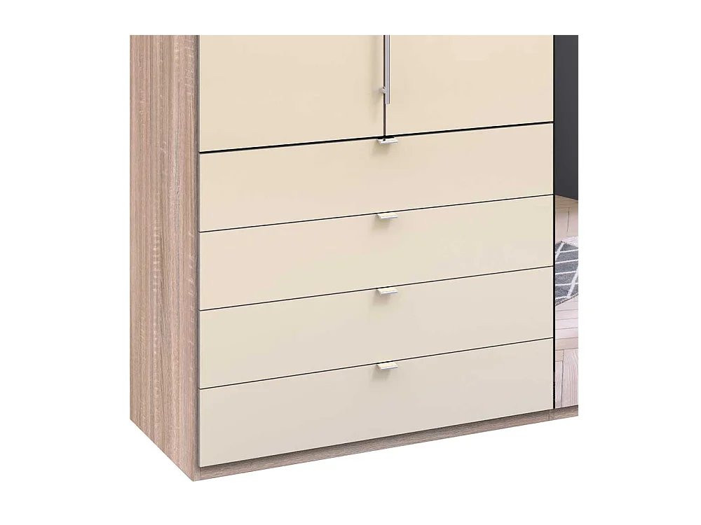 Panorama Kleiderschrank mit drei Falttüren Spiegel und Schubladen glasbeschichtet