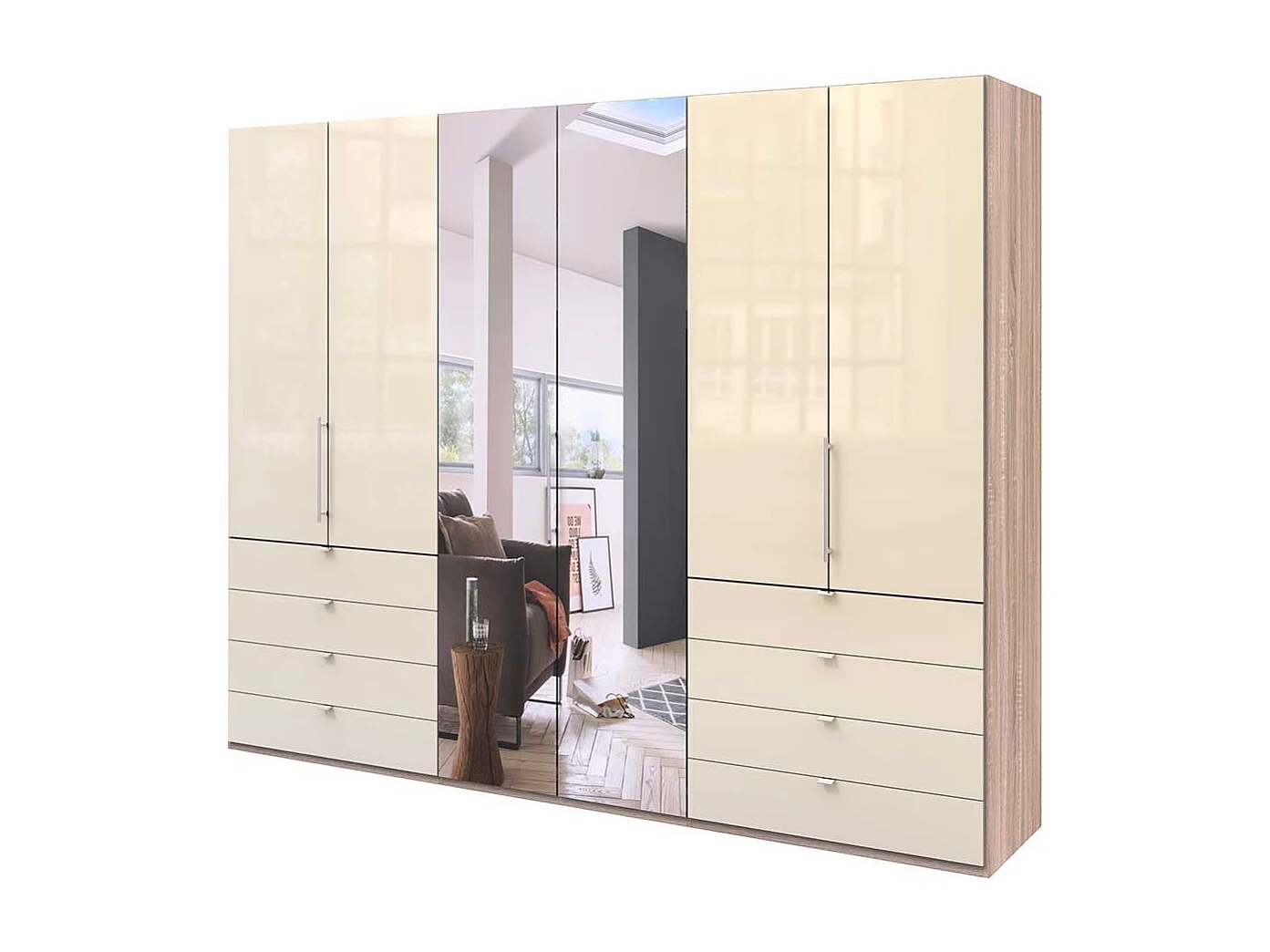 Panorama Kleiderschrank mit drei Falttüren Spiegel und Schubladen glasbeschichtet