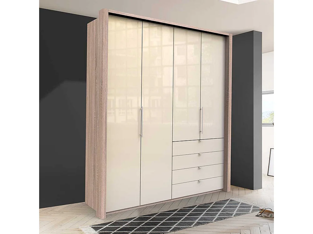 Kleiderschrank mit 2 Falttüren und 4 Schubladen glasbeschichtet