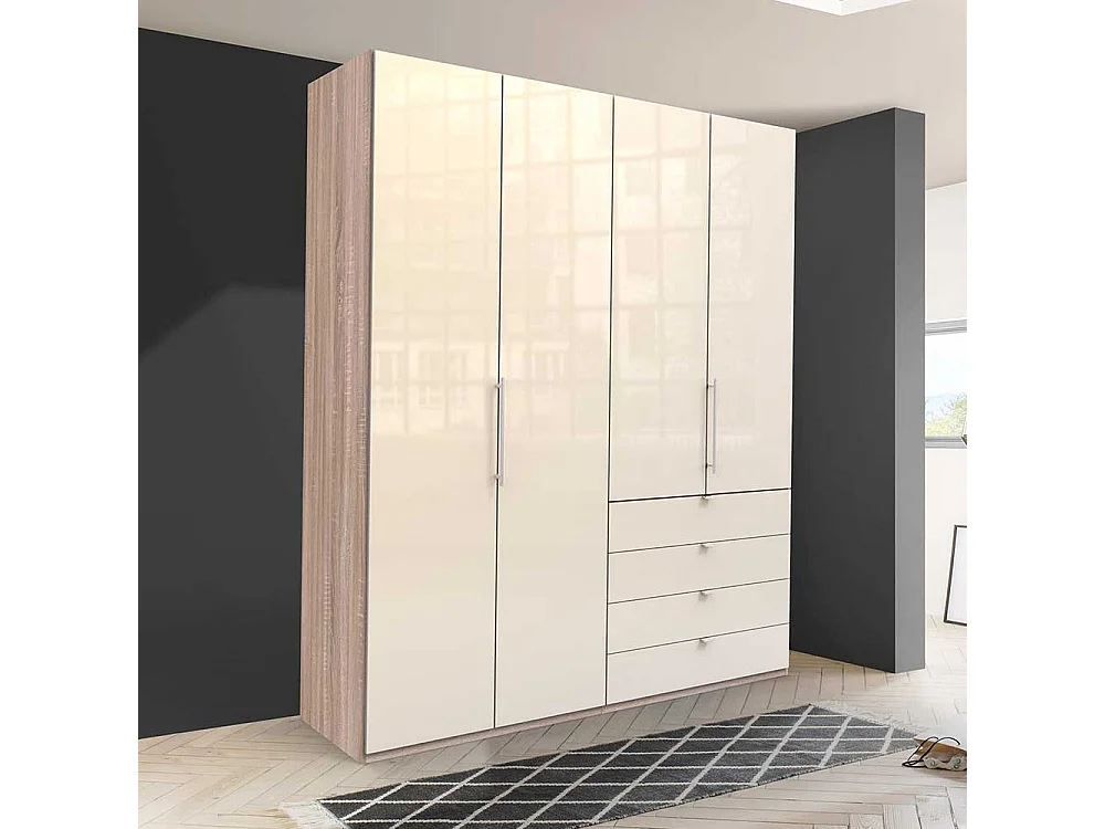 Kleiderschrank mit 2 Falttüren und 4 Schubladen glasbeschichtet
