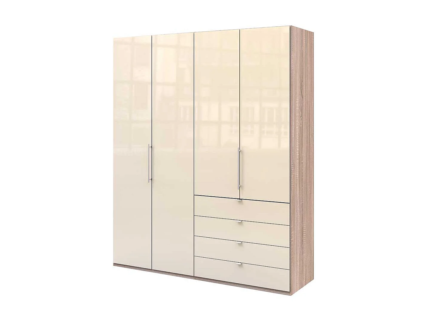 Kleiderschrank mit 2 Falttüren und 4 Schubladen glasbeschichtet