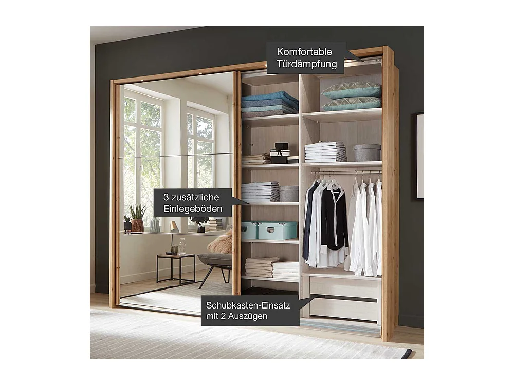 Kleiderschrank Schwebetüren in Eiche Bianco Spiegel