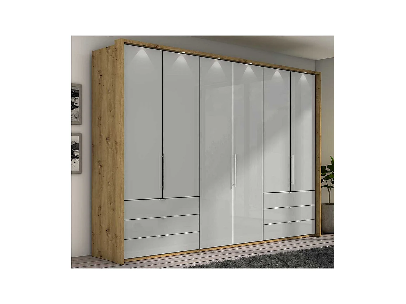 Panorama Kleiderschrank in Hellgrau und Eiche Bianco Falttüren