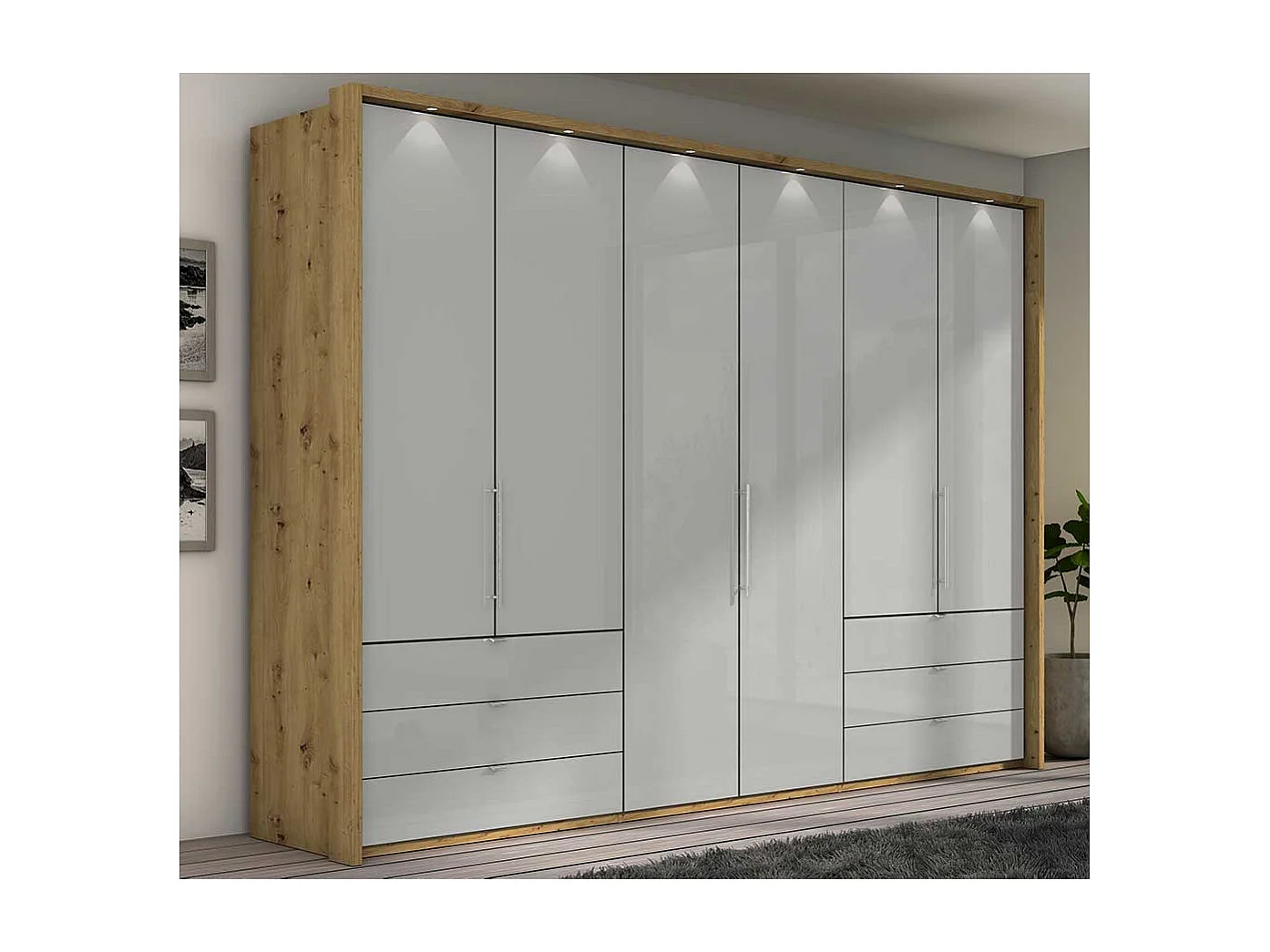 Panorama Kleiderschrank in Hellgrau und Eiche Bianco Falttüren