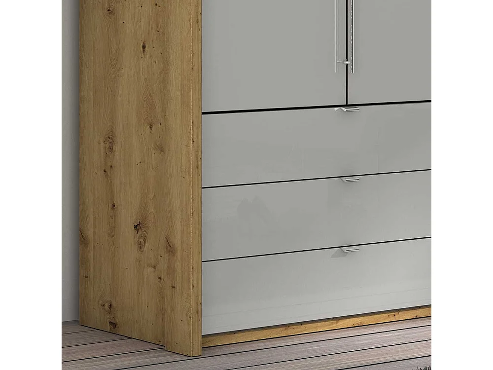 Panorama Kleiderschrank in Hellgrau und Eiche Bianco Falttüren