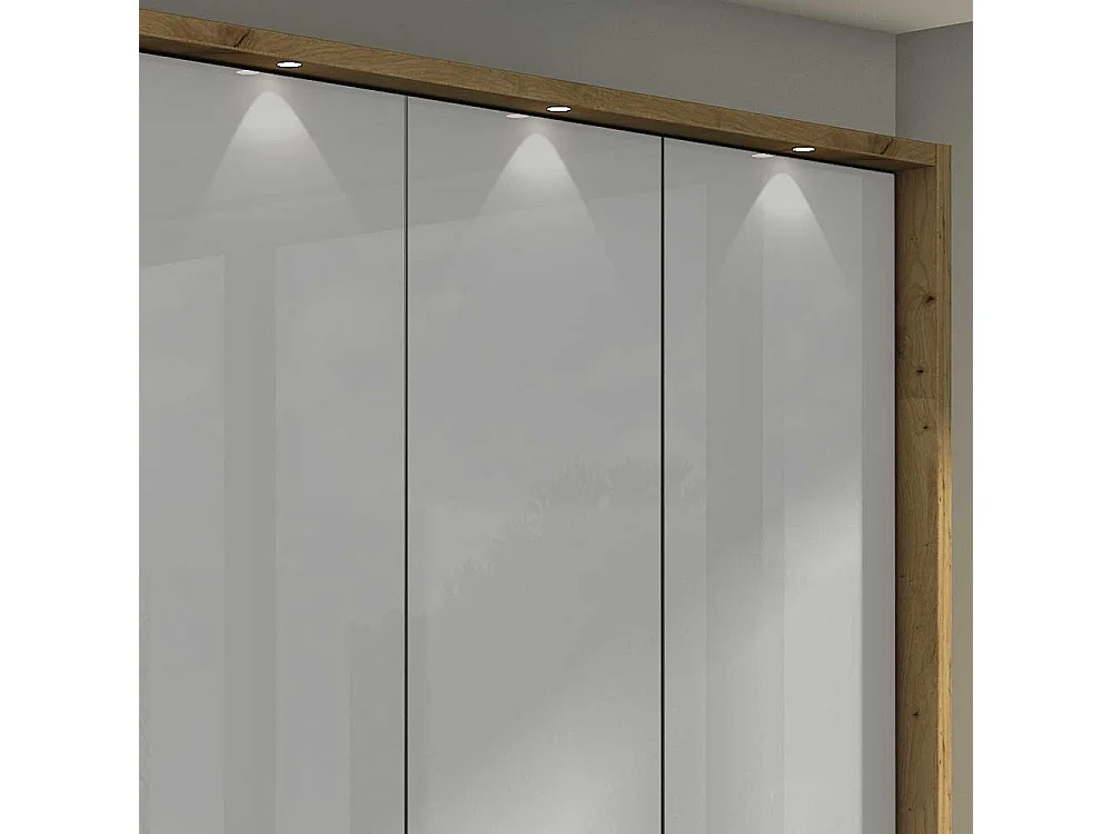 Panorama Kleiderschrank in Hellgrau und Eiche Bianco Falttüren