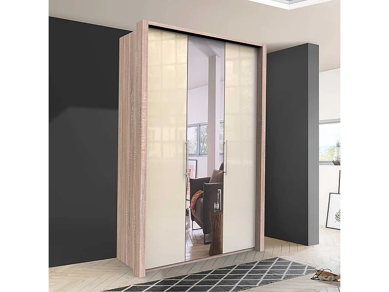 Kleiderschrank Jugendzimmer mit Falttüren und Spiegel Cremefarben Eiche Sägerau