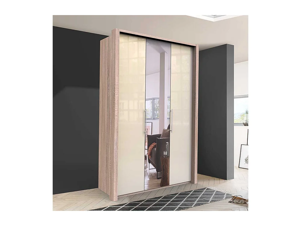 Kleiderschrank Jugendzimmer mit Falttüren und Spiegel Cremefarben Eiche Sägerau
