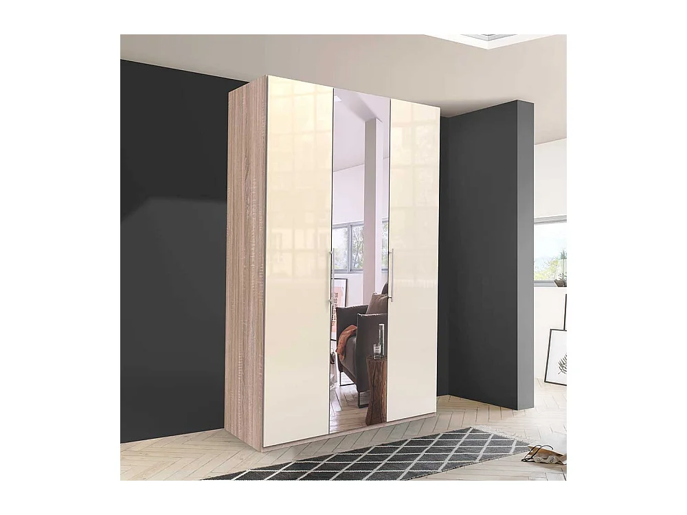 Kleiderschrank Jugendzimmer mit Falttüren und Spiegel Cremefarben Eiche Sägerau