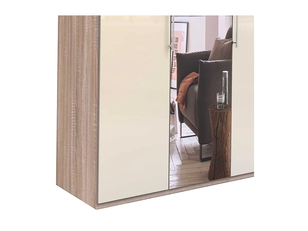 Kleiderschrank Jugendzimmer mit Falttüren und Spiegel Cremefarben Eiche Sägerau
