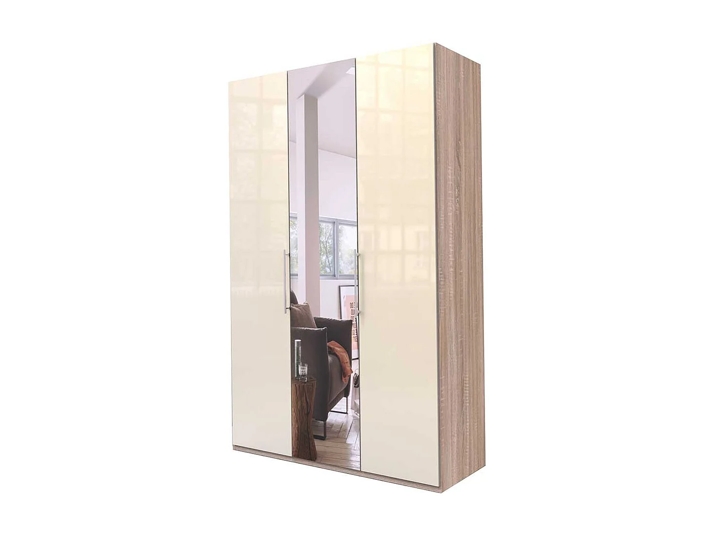 Kleiderschrank Jugendzimmer mit Falttüren und Spiegel Cremefarben Eiche Sägerau