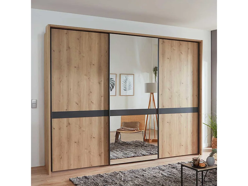 Schlafzimmerschrank in Eiche Bianco und Anthrazit Schwebetüren