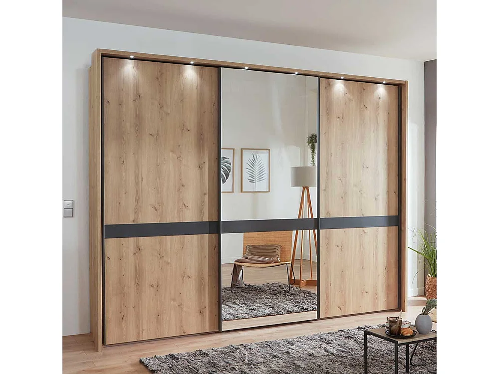 Schlafzimmerschrank in Eiche Bianco und Anthrazit Schwebetüren