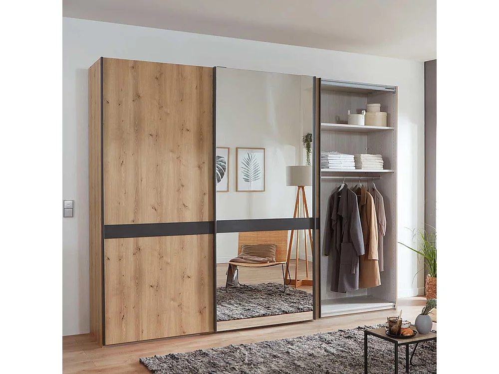 Schlafzimmerschrank in Eiche Bianco und Anthrazit Schwebetüren