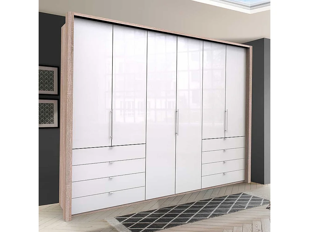 Kombi Schlafzimmerschrank in Weiß und Eiche Sägerau glasbeschichtet