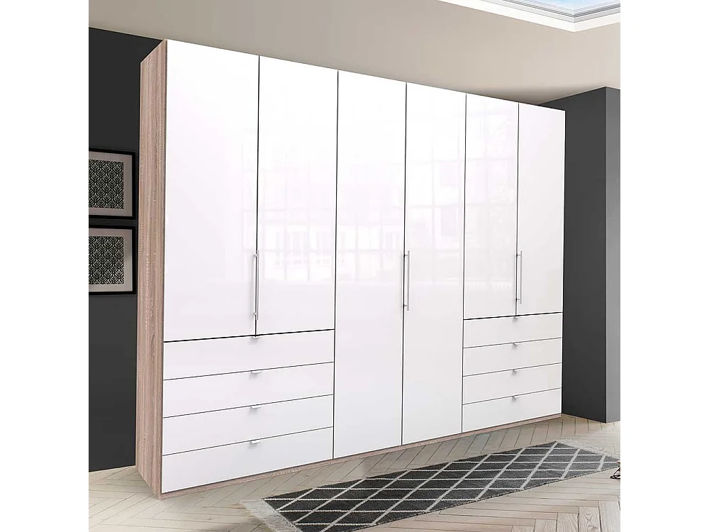 Kombi Schlafzimmerschrank in Weiß und Eiche Sägerau glasbeschichtet