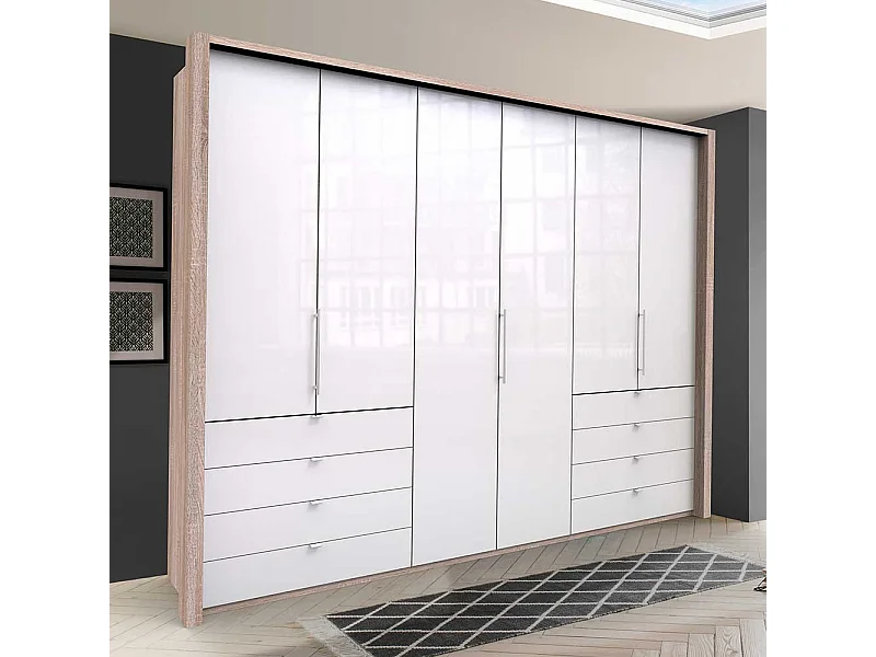 Kombi Schlafzimmerschrank in Weiß und Eiche Sägerau glasbeschichtet