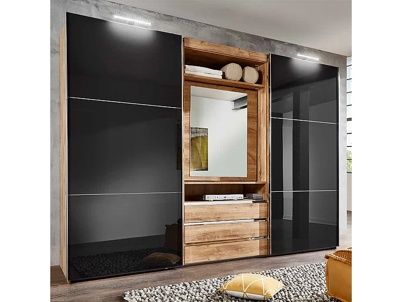 Kleiderschrank mit offenem Fach in Dunkelgrau Plankeneiche Holzoptik