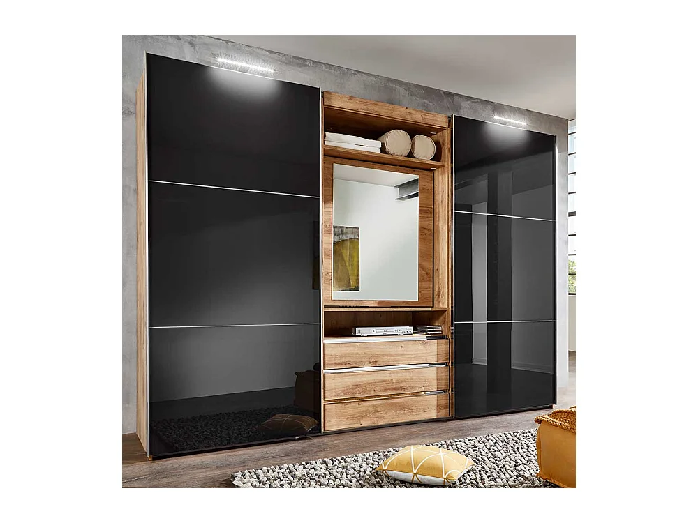 Kleiderschrank mit offenem Fach in Dunkelgrau Plankeneiche Holzoptik