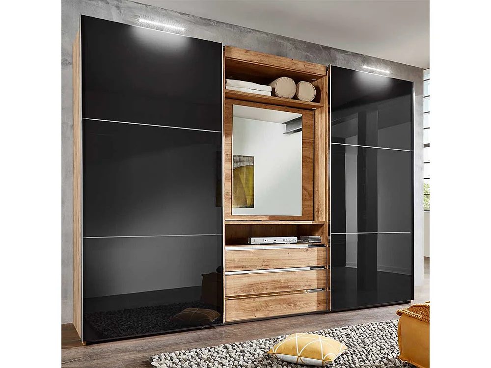 Kleiderschrank mit offenem Fach in Dunkelgrau Plankeneiche Holzoptik