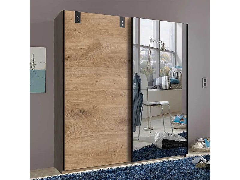 Kleiderschrank 2 Schiebetüren in Plankeneiche Holzoptik Spiegel