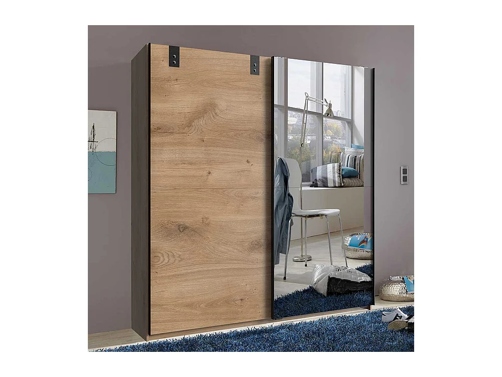 Kleiderschrank 2 Schiebetüren in Plankeneiche Holzoptik Spiegel