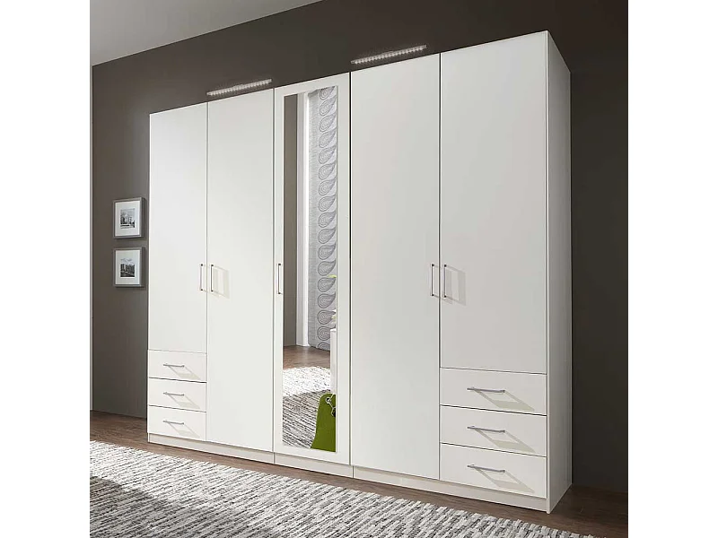 Kleiderschrank weiß Spiegel mit sechs Schubladen 225 cm breit