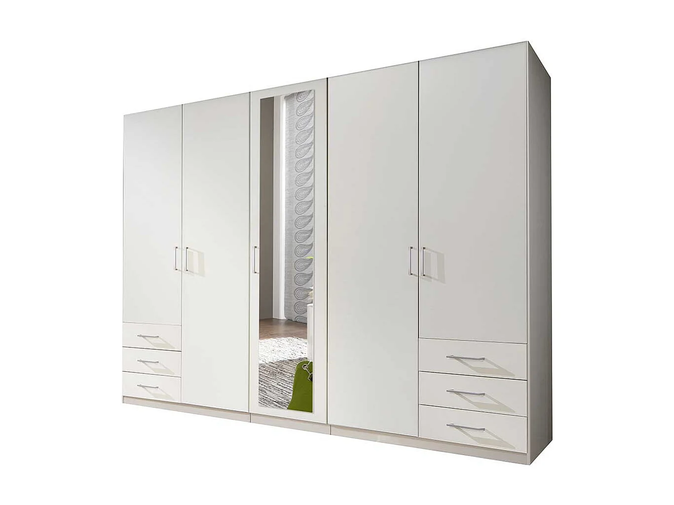 Kleiderschrank weiß Spiegel mit sechs Schubladen 225 cm breit