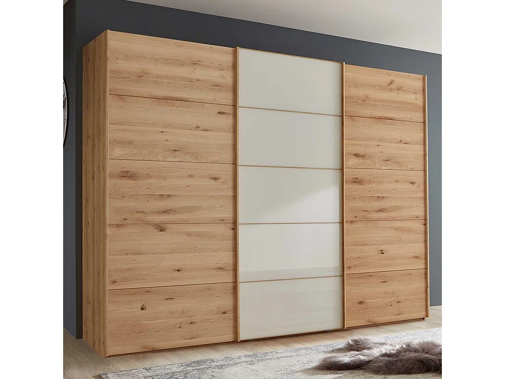 Gleittürenschrank in Beige Glas Eiche Bianco