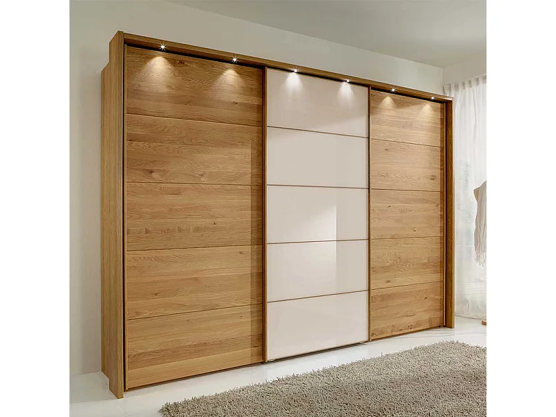 Gleittürenschrank in Beige Glas Eiche Bianco