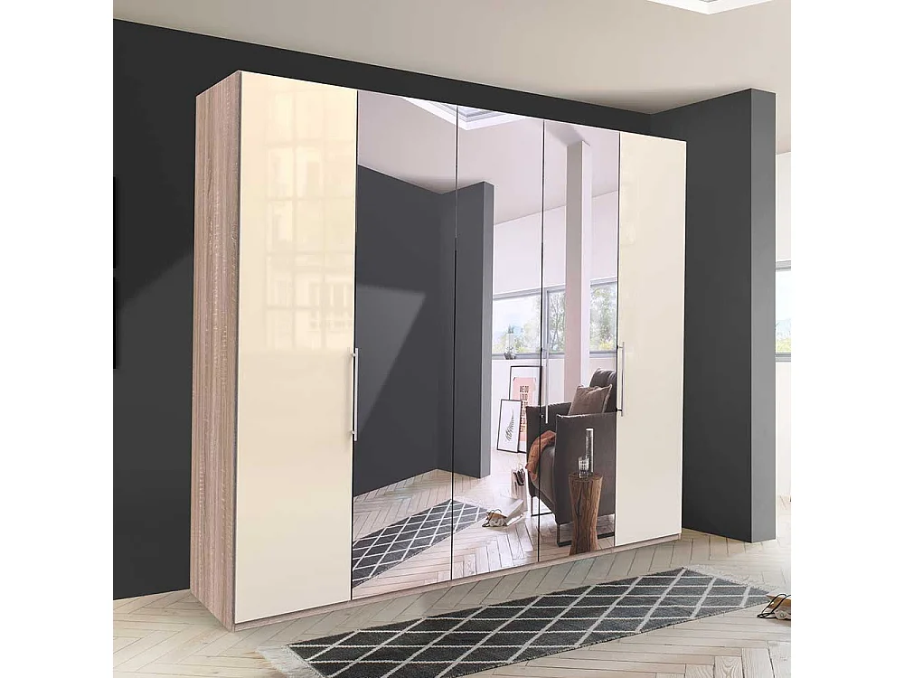 Falttüren Kleiderschrank mit Spiegel Weiß und Eiche Sägerau
