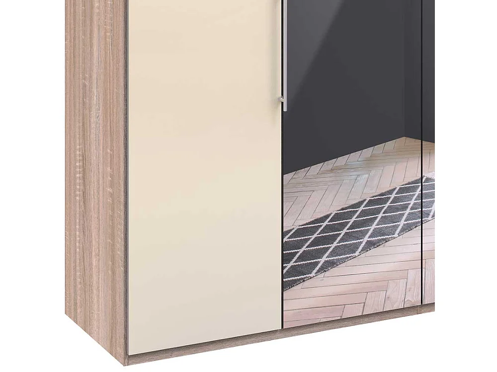 Falttüren Kleiderschrank mit Spiegel Weiß und Eiche Sägerau