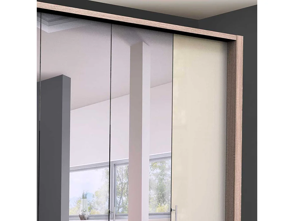 Falttüren Kleiderschrank mit Spiegel Weiß und Eiche Sägerau