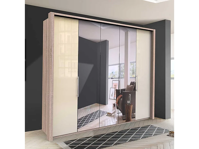 Falttüren Kleiderschrank mit Spiegel Weiß und Eiche Sägerau