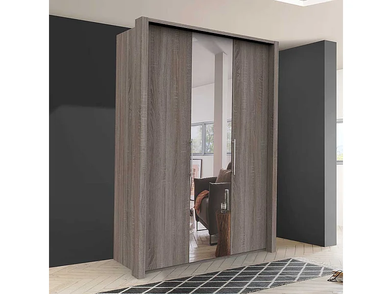 Kleiderschrank 2 türig mit Spiegel Eiche Trüffelfarben