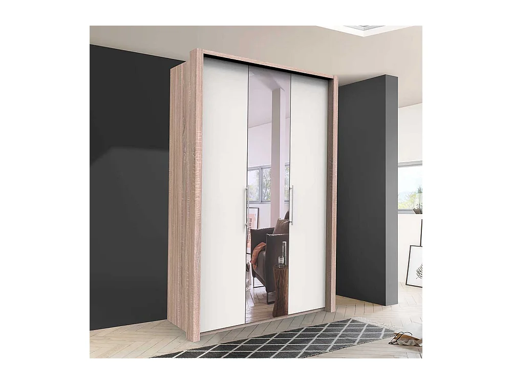 2 türiger Spiegel Kleiderschrank in Weiß Eiche und Sägerau foliert