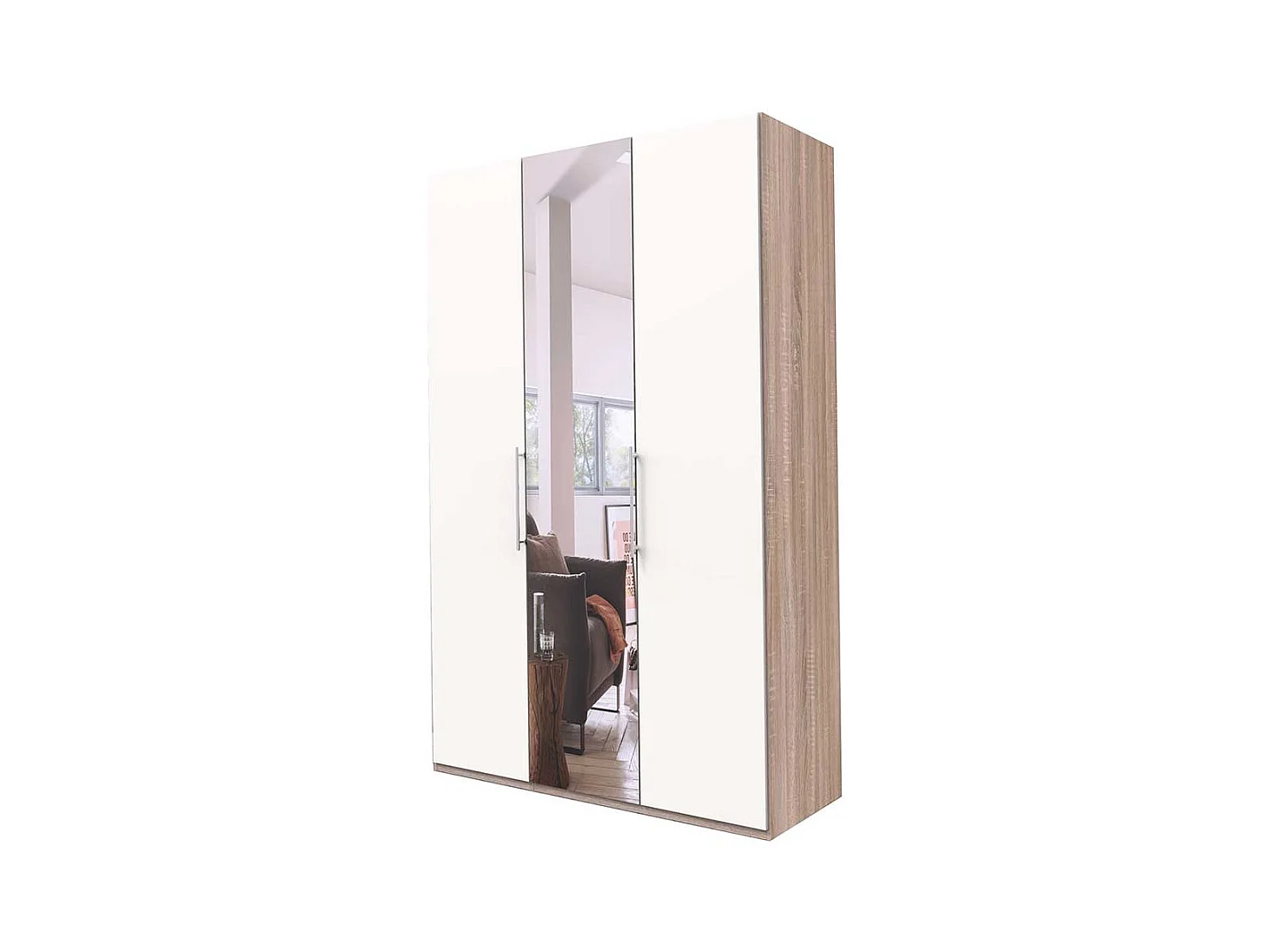 2 türiger Spiegel Kleiderschrank in Weiß Eiche und Sägerau foliert